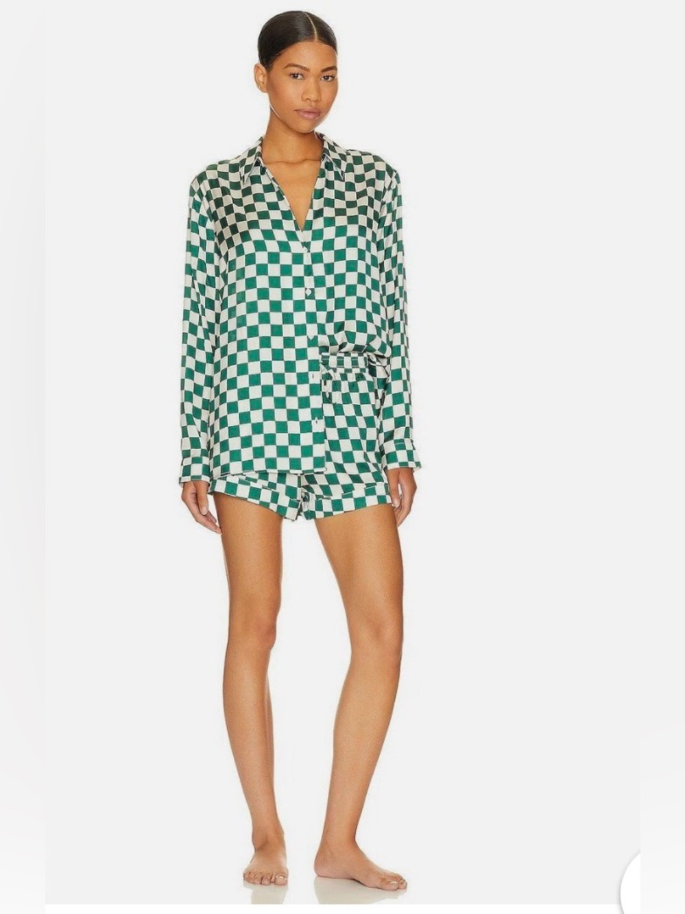 Show Me Your Mumu Green & White Checkered Satin Pajama Set- EARLY RISER